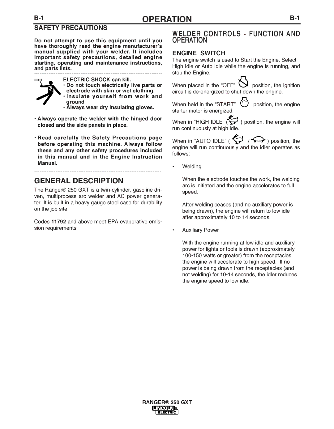 Lincoln Electric 250 GXT manual General Description, Welder Controls Function and Operation, Engine Switch 